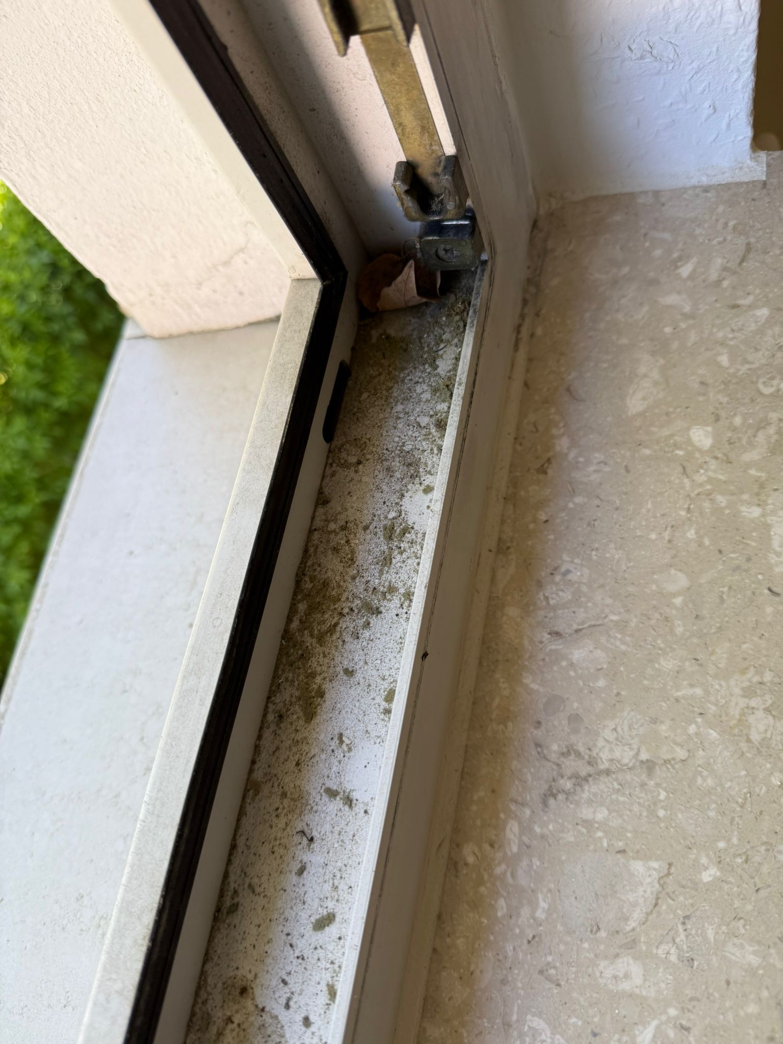 Ein geöffnetes Fenster mit weißen Rahmen und sichtbarem Schmutz auf der Fensterbank