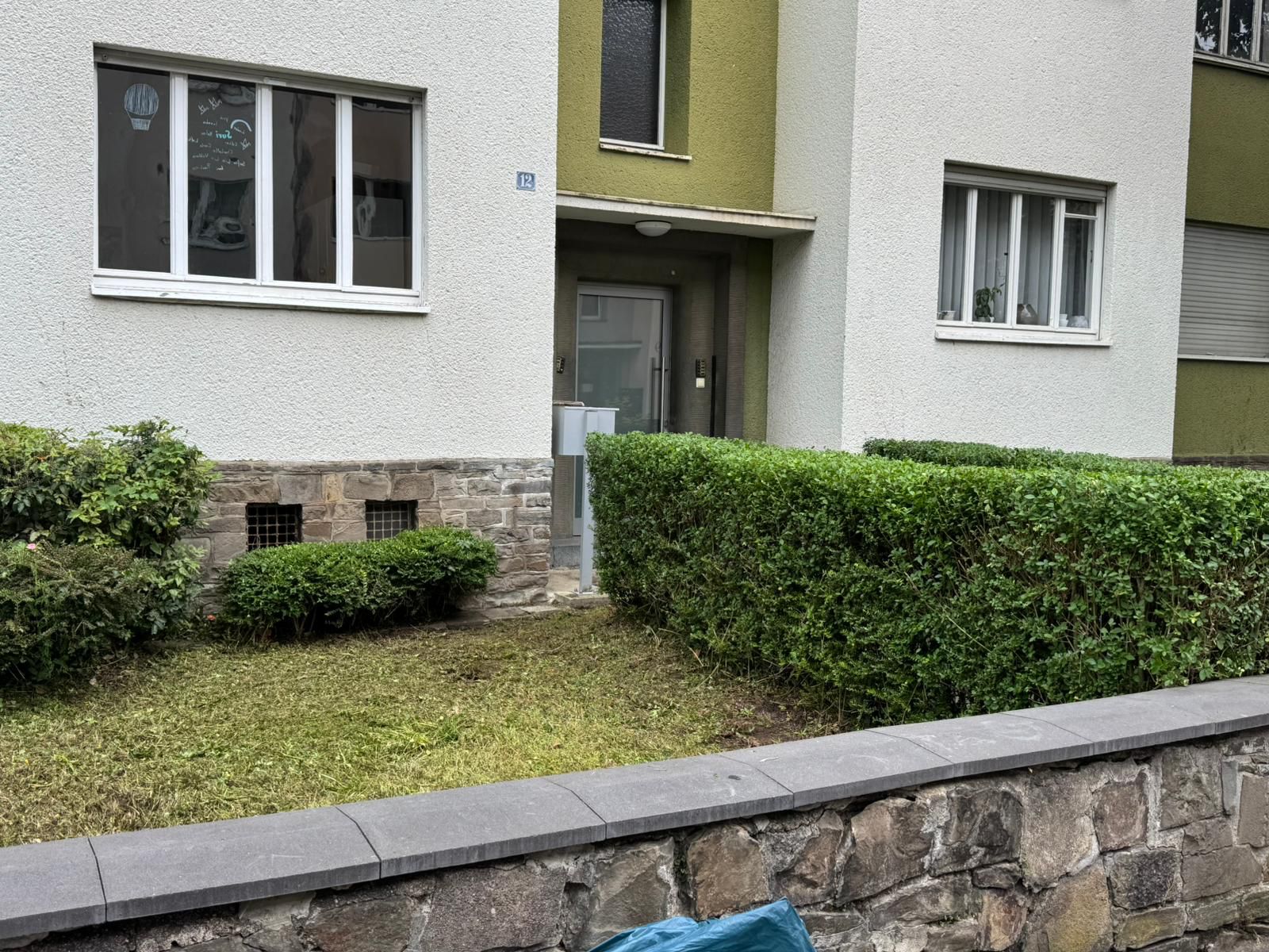 Hauseingang mit gruenen Bueschen und niedriger Mauer vor weissem Gebaeude