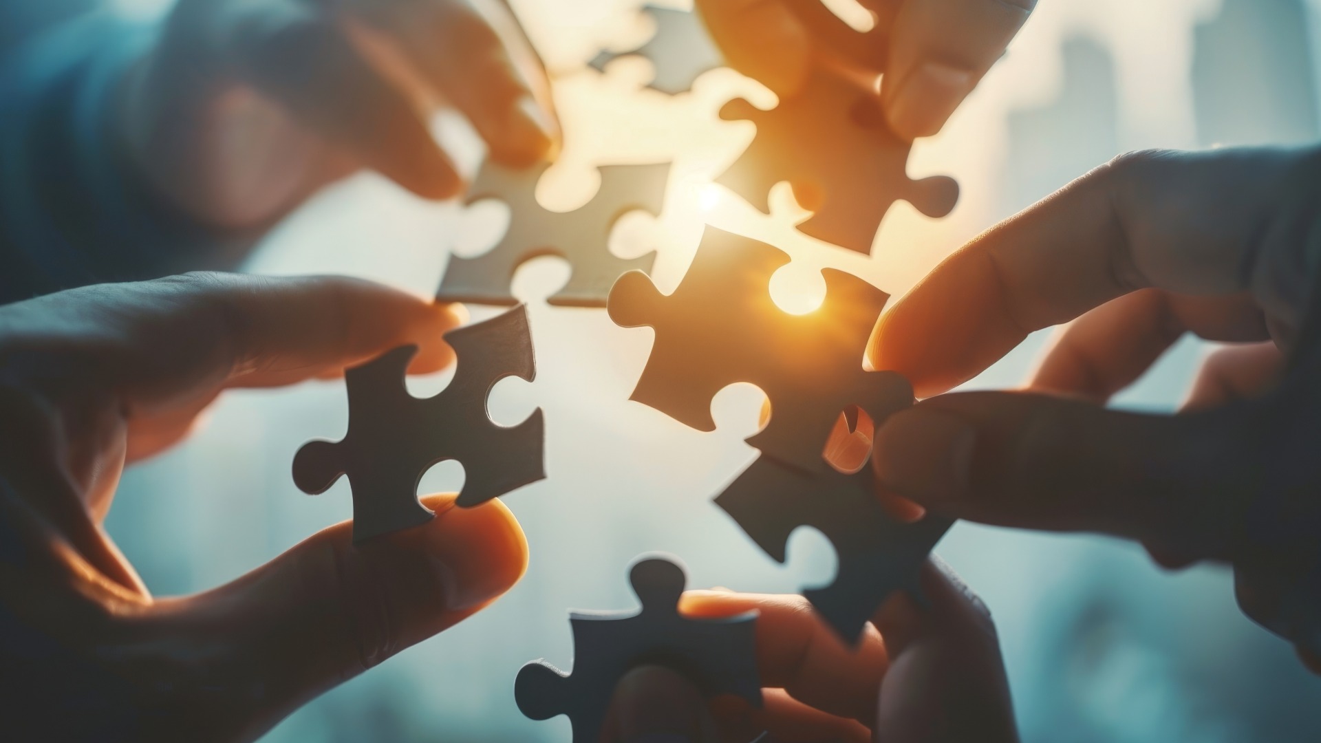 Ein Puzzle, das von einem Team zusammengesetzt wird, wobei jedes Teil einen anderen Aspekt der Unternehmensvision und -ziele repräsentiert, Generative KI