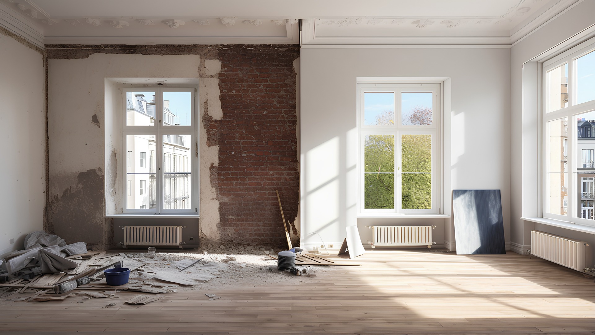 Renovierte Räume mit großen Fenstern und Heizungsanlagen, sowohl vor als auch nach der Restaurierung. Untersuchung der Unterschiede zwischen einer alten Wohnung und einer neu renovierten Wohnung.